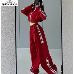 Autumn new women's set long sleeved exposed navel sports casual cardigan+fashionable wide leg pants two-piece set