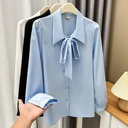 Temperament Bow Lace-Up Shirt Women Plus Size Autumn Winter 2023 Casual Clothing Puff Sleeve Blouses Draped Anti-wrinkle Tops