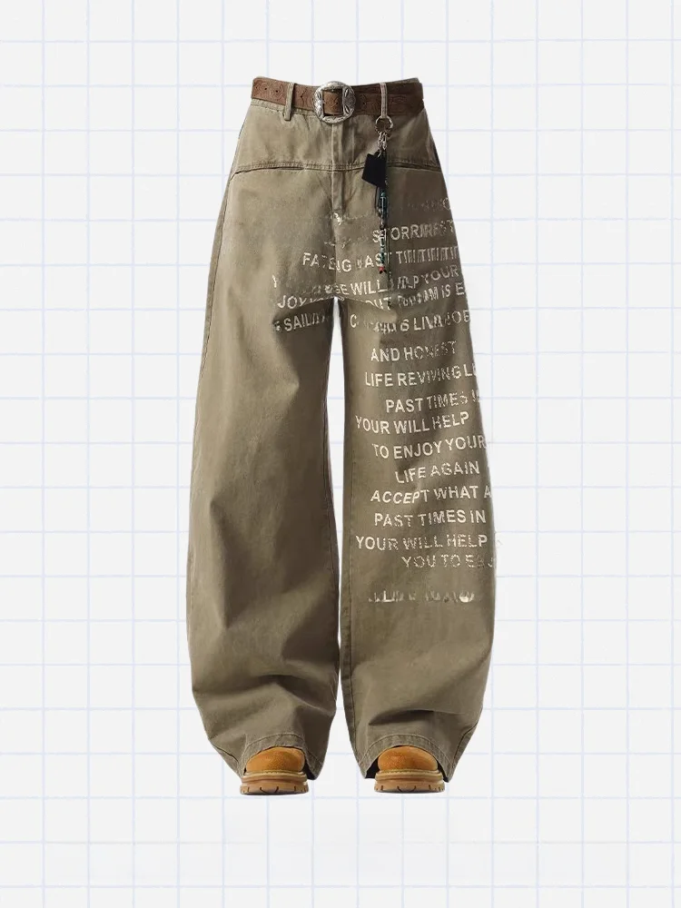 

Retro American Letter Print Wide Leg Jeans Women's Spring Autumn High Street Design Loose Comfortable Casual Denim Pants