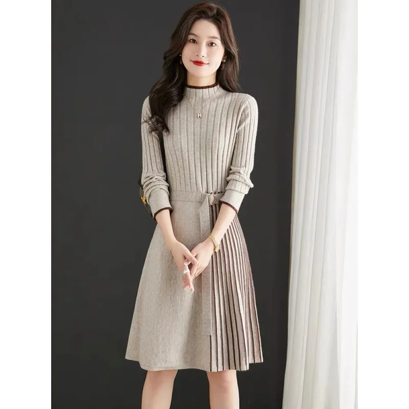 

Women's Knitted Long Party Dress Autumn Winter New Bottom Woolen Mid Length Thin Waist Shirt Dresses Brazil Korean Style E1673