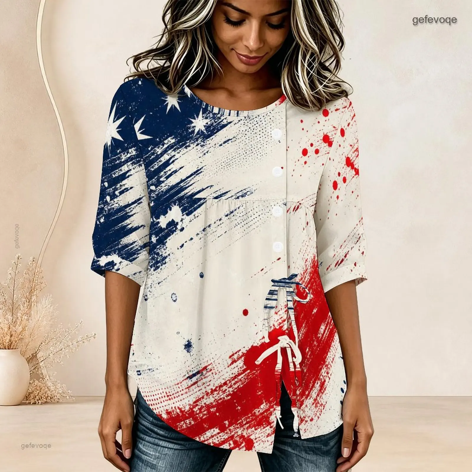 Round Neck Half Sleeve Gathered Front Button Detail Tie Hem Printed Blouse for Women