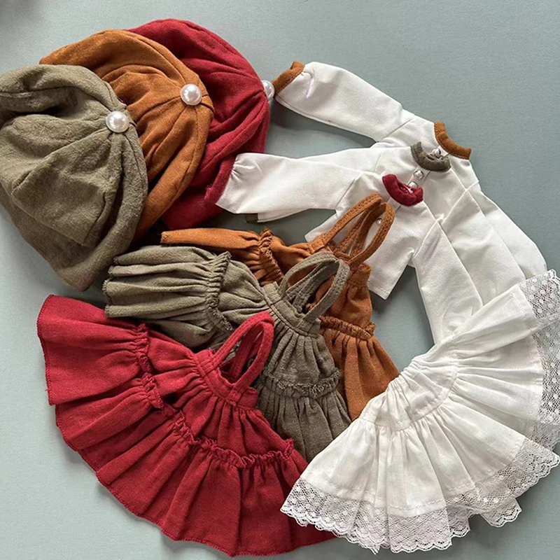 

1Set Doll Clothes Handmade Doll Skirt Dress Beret Hat Doll Retro Dress Set Suit Clothes For Ob22 Ob24 Doll Accessories