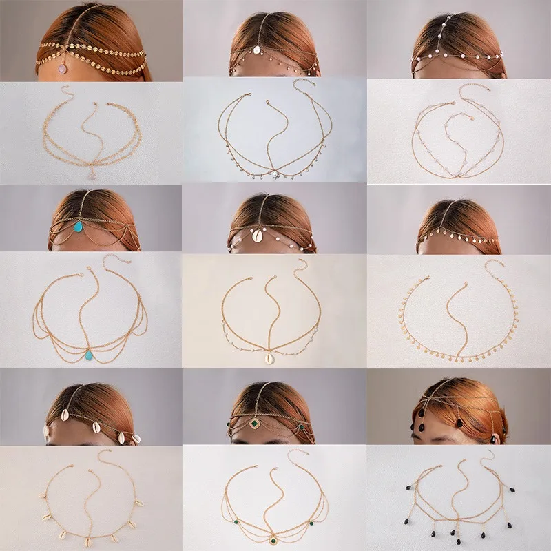 European and American cross-border ins new hair accessories, pearl chain headband, exotic diamond-encrusted chain forehead