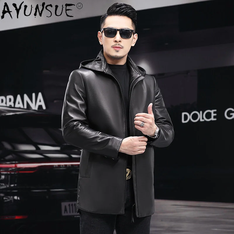 

Quality Genuine Leather Jackets Men’s Sheepskin Coat Midi-length Hooded 90% White Duck Down Jacket Male Winter Windbreaker Coats