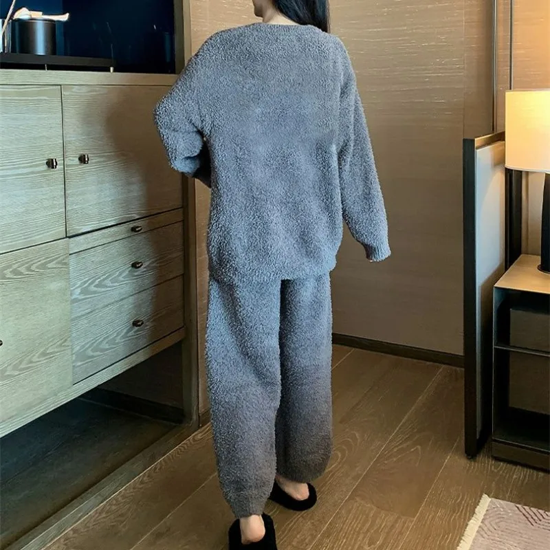 Coral Velvet Pajama Sets Women Thicker Bow Sweet Keep Warm Full-length Comfortable Sleepwear Furry Lovely Homewear Harajuku New