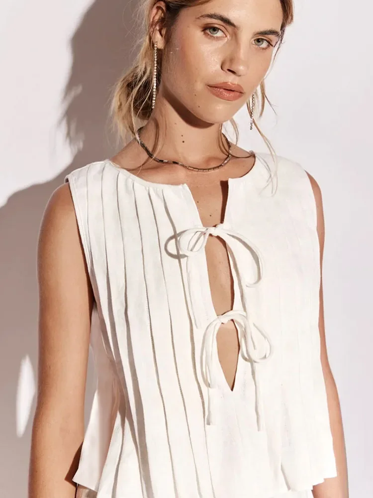 White Bandage Ribbed Tank Top Shirts For Women Hollow Out Sleeveless Slim Summer Fashion Vest Women's Lace-Up Vest Y2k Top