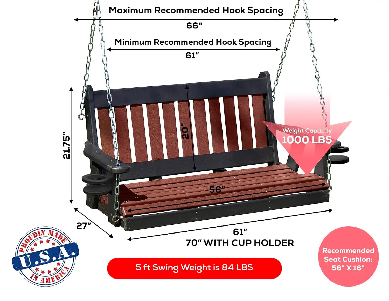 5FT HDPE Porch Swing With Cupholders & Stainless Steel Hardware, 1000 Lbs Capacity For Patio Outdoor Garden, Customized