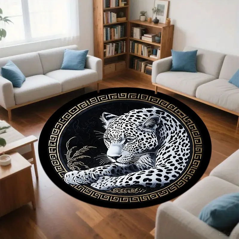 Leopard print design Flannel-printed round floor mats are slip-resistant Suitable for living room bedroom terrace garden carpets