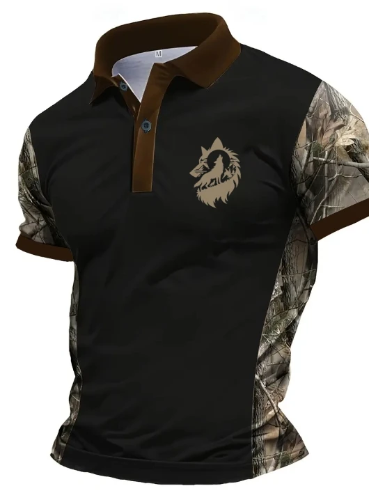 Neues Farbblock-Camouflage-Bedrucktes Kurzarm-Poloshirt Sommer Mode Herren Wolf-Print Lässiges Sport-T-Shirt – Detail 5