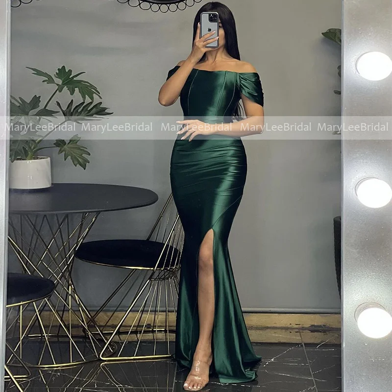 

Ruched Shiny Satin Dark Green Bridesmaid Dresses Off the Shoulder Corset Mermaid Long Wedding Guest Dress Maid Of Honor Gowns