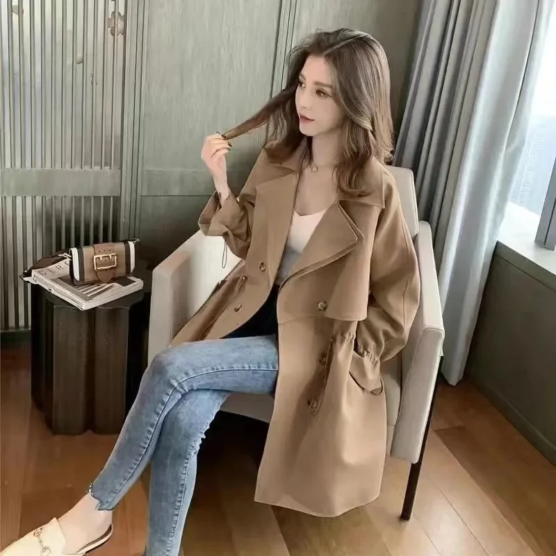 

2025 Women's Jacket Windbreaker Coat Casual Double Breasted Tops Basic Daily Loose Trench Coat Midi Length Fashion Outerwear