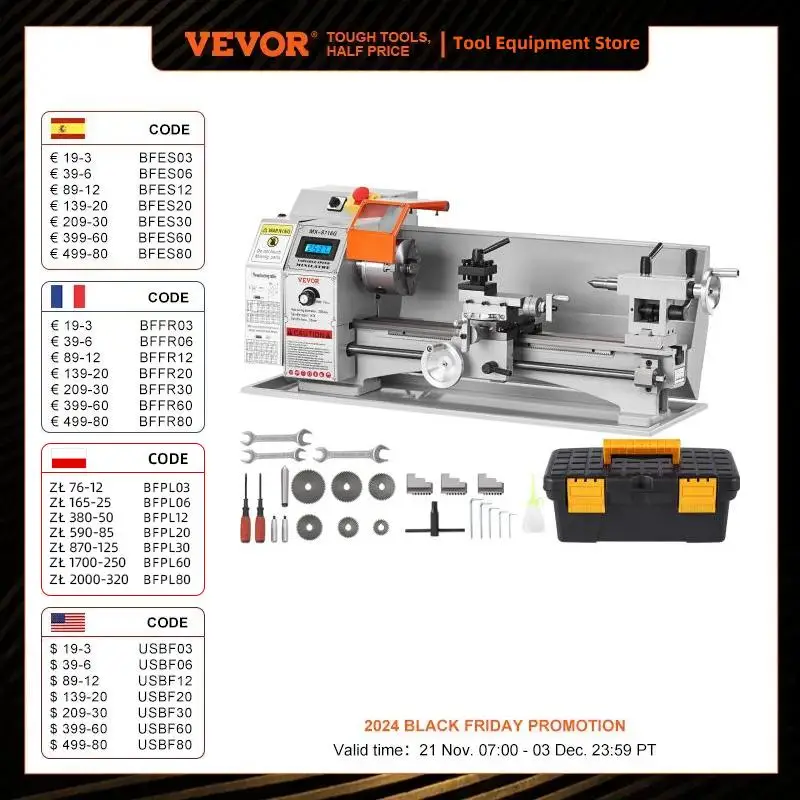 VEVOR Mini Metal Lathe Machine 7x16'' 800W Benchtop Power Metal Lathe 150-2500 RPM Variable Speed for Processing Precision Parts