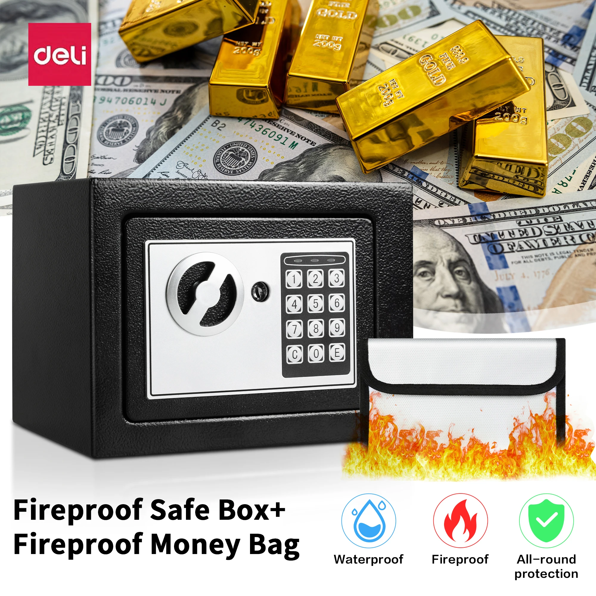 Deli Premium Security Safe Box, Durable Lockable Storage for Valuables, Fireproof and Waterproof, For Home or Office Use