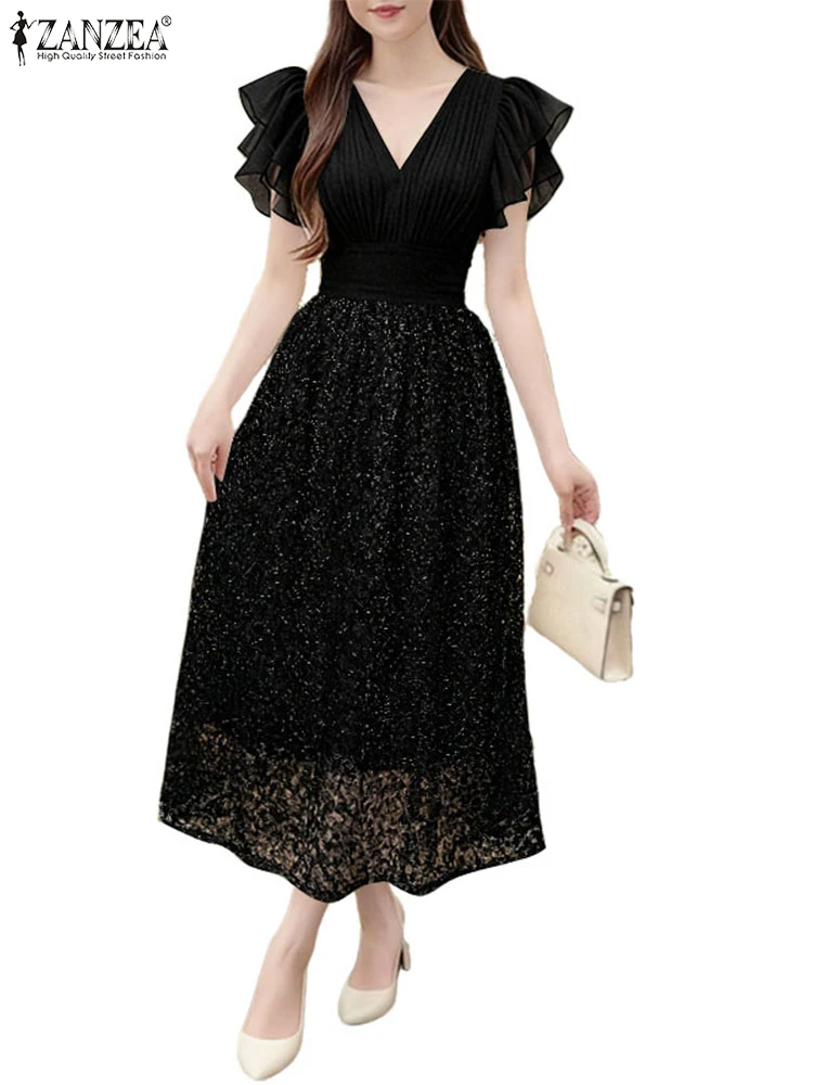 2025 ZANZEA Women Elegant Party Dress Stylish Lace Patchwork Sundress V Neck Waisted A Line Dresses Ruffled Sleeve Midi Robe
