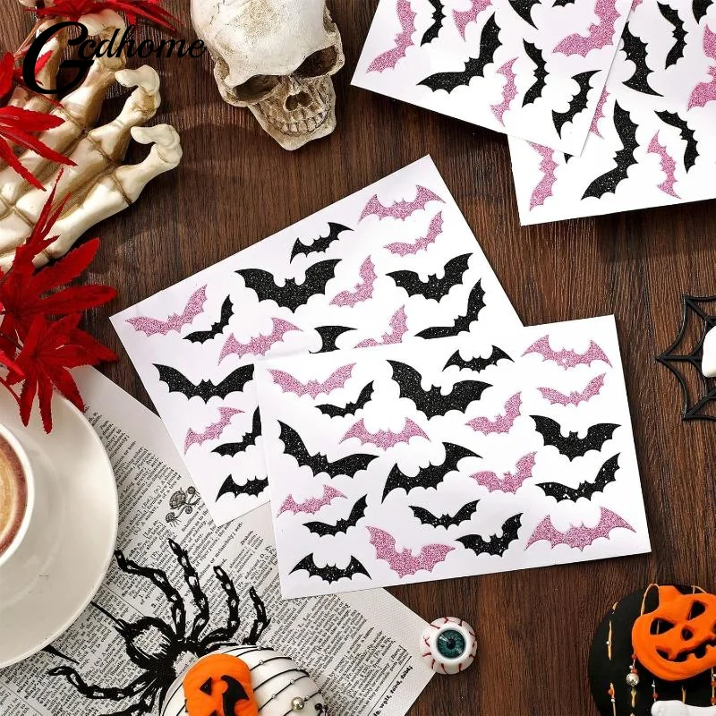 500 stks/rol Laser Zwarte Vleermuis Waterdichte Glitter Zelfklevende Decals Halloween Vleermuis Stickers Voor Party Scrap DIY Accessoires