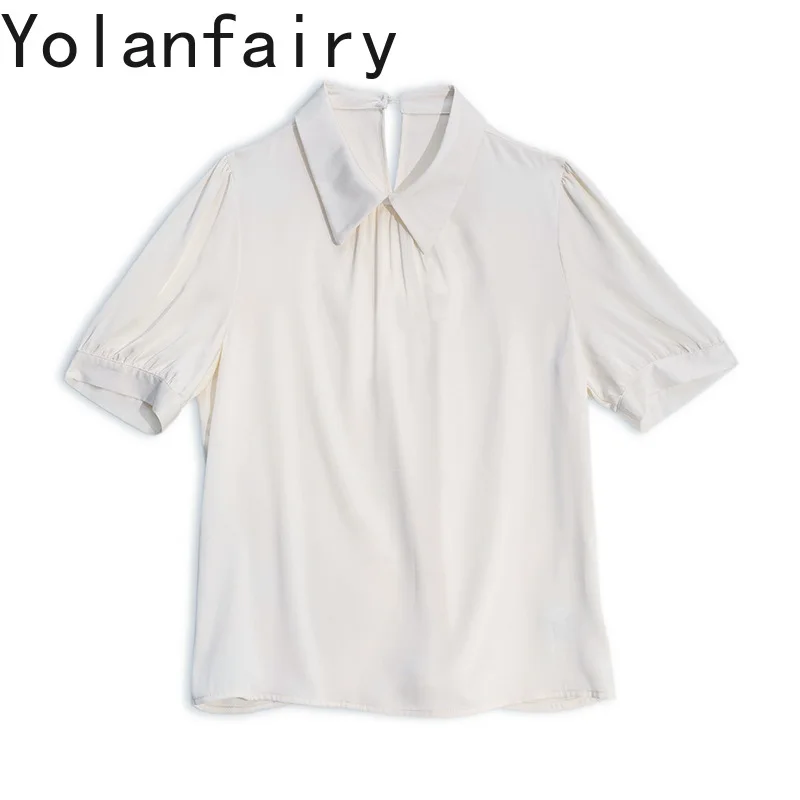 YOLANFAIRY European Style Woman T Shirts 2025 Summer 100% Real Mulberry Silk Tees Solid Color Shirts Women's T-shirt Polo Collar