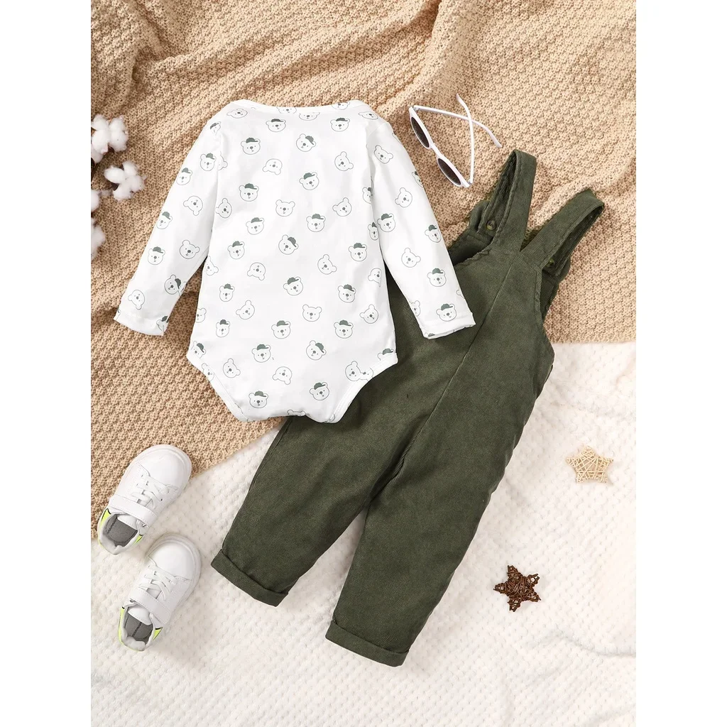 3-24 Months Toddler Baby Boy 2PCS Clothing Set Bear Print Bodysuit with Green Overall Fashion Cute Autumn and Winter Costumes