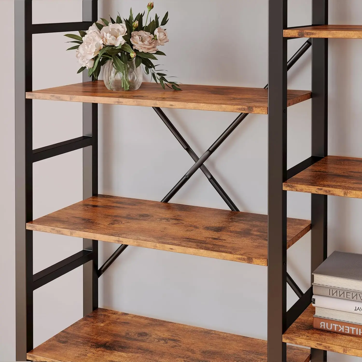 Bookshelves 6 Tiers Triple Wide Industrial Bookshelf, Large Etagere Bookshelf Open Display Shelves with Metal Frame for Home