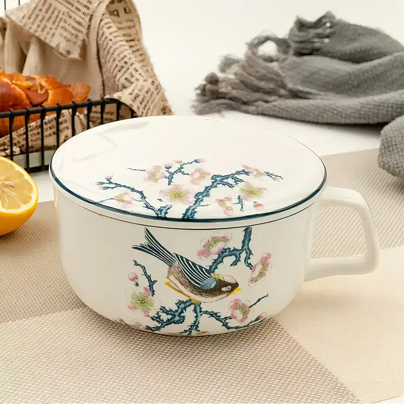 6inch, real fine bone china pretty bowl with handle with lid, ceramic food thermos bowl, cereal bowl, handle bowl, for breakfast