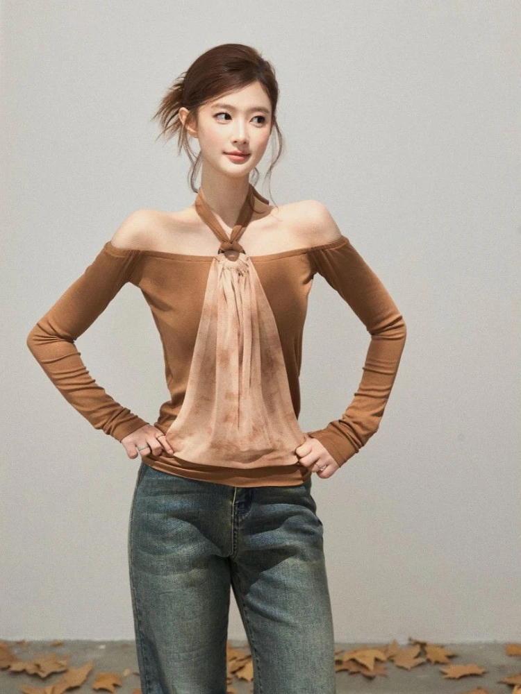 

Женская футболка из двух предметов с разрезом на шее, Harajuku, осенний винтажный бандажный топ с лямкой на шее Y2k, эстетические гранж-лоскутные облегающие футболки