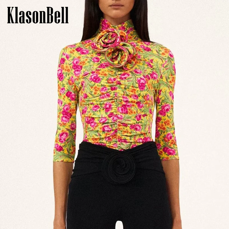 

12.20 KlasonBell Three Quarter Sleeve Tee Women Hand Flower Decoration Vintage Print Ruched Stand Collar Viscose Slim Blouse