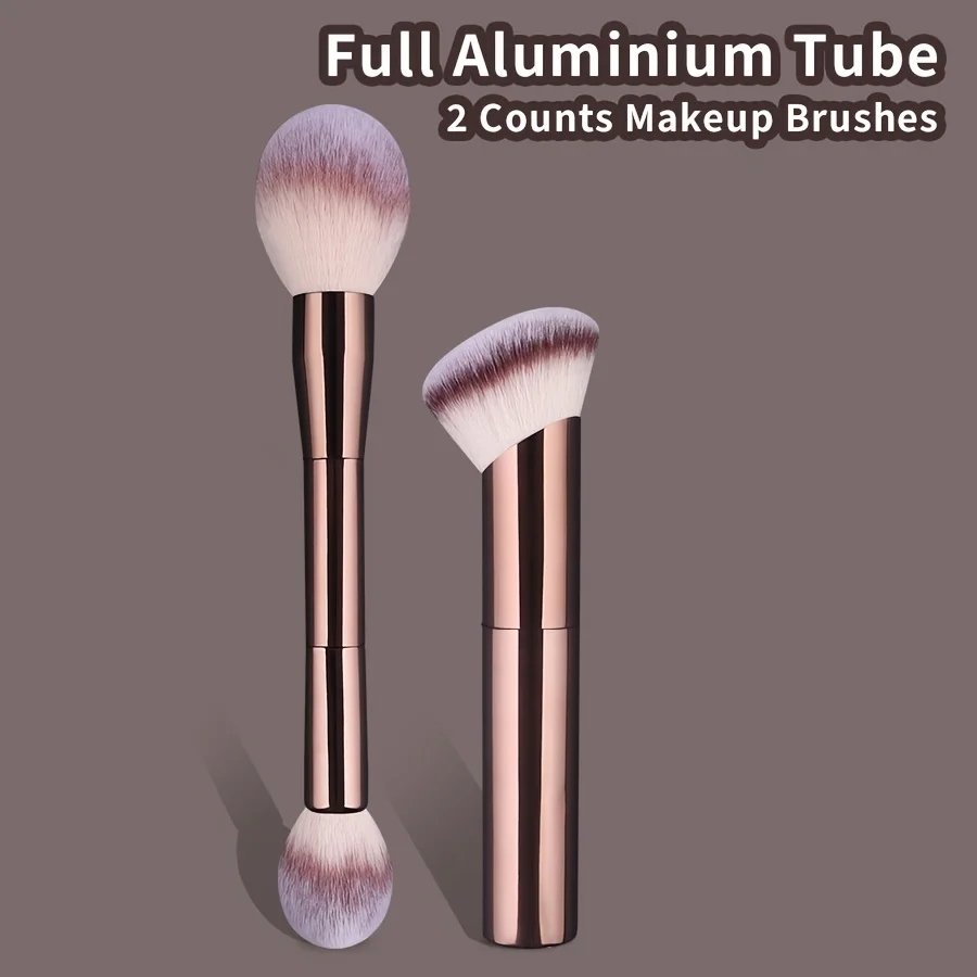 2Pcs Makeup Brushes Set with Full Aluminum Tube Handle Soft Gradient Synthetic Bristles Double-Ended & Angled Face Brush for Blu
