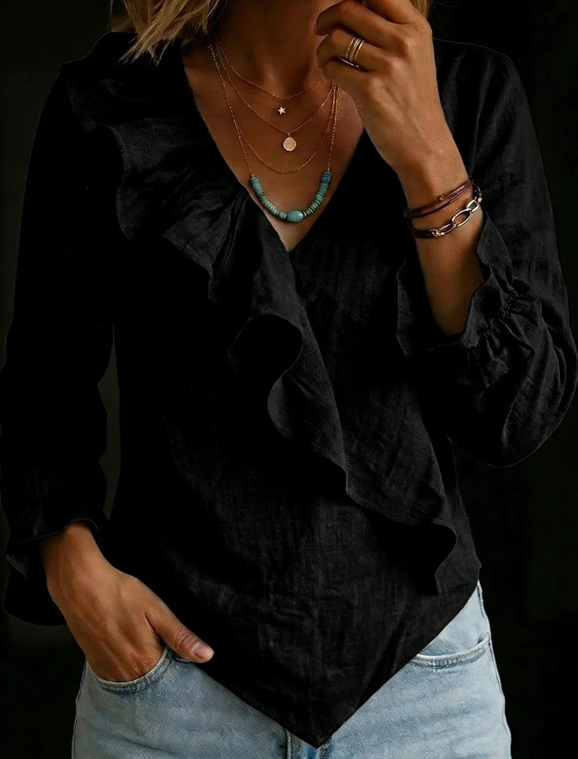2026 European and American Cross-Border Cotton and Linen Ruffled V-Neck Shirt, Fashionable Irregular Hem Bell-Sleeve Top