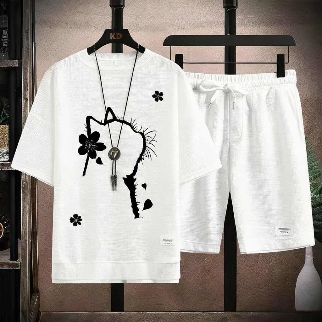 

Minimalist Waffle Tracksuit Men Abstract Cat & Floral Graphic T-Shirt And Shorts Set Fashion Outfit 2026