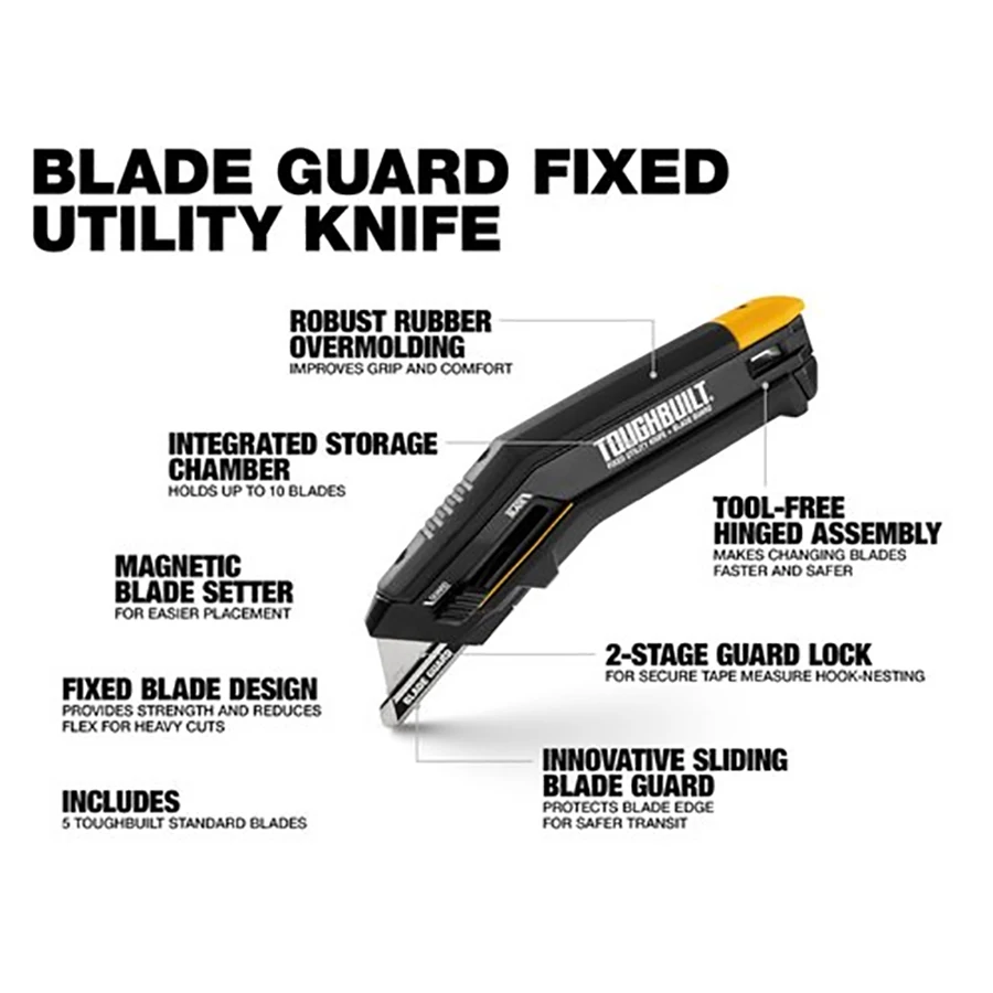 TOUGHBUILT TB-H4-11-G Clip-on Tool Knife Fixed Blade+Sliding Guard (contains 5 blades) Multi-functional Utility Knife Hand Tools