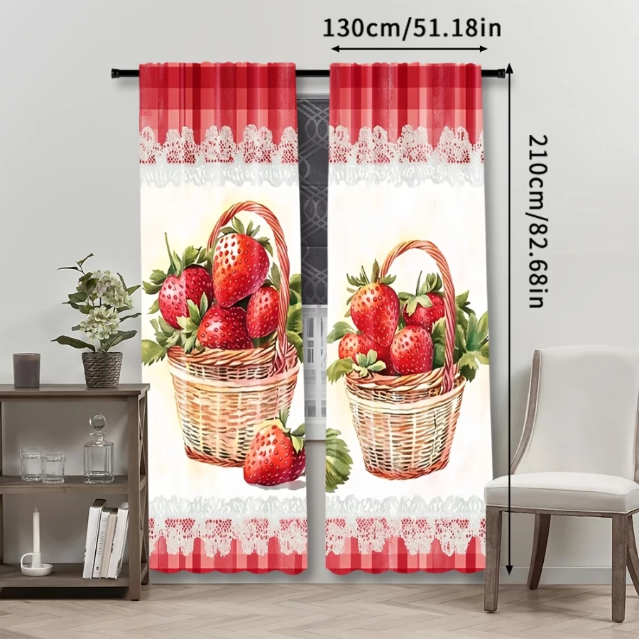 2PCS Digital Print  Curtain, Red Strawberry Basket, Rustic Farmhouse Window Treatment Drape for Bedroom Kitchen Decor
