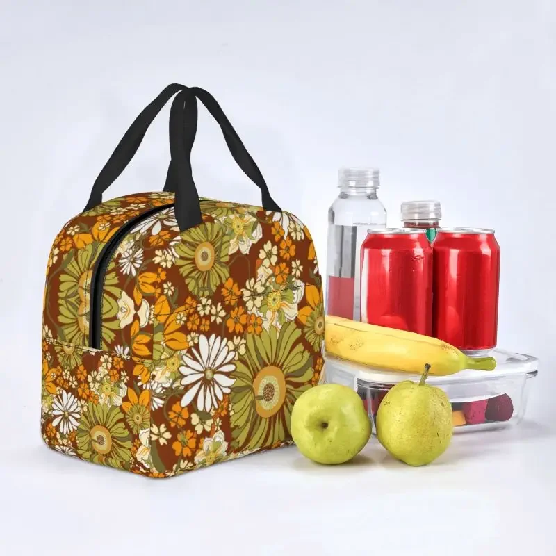 Boho 70s Vintage Hippie Flower Power Pattern Insulated Lunch Bags for Outdoor Picnic Resuable Thermal Cooler Bento Box Children