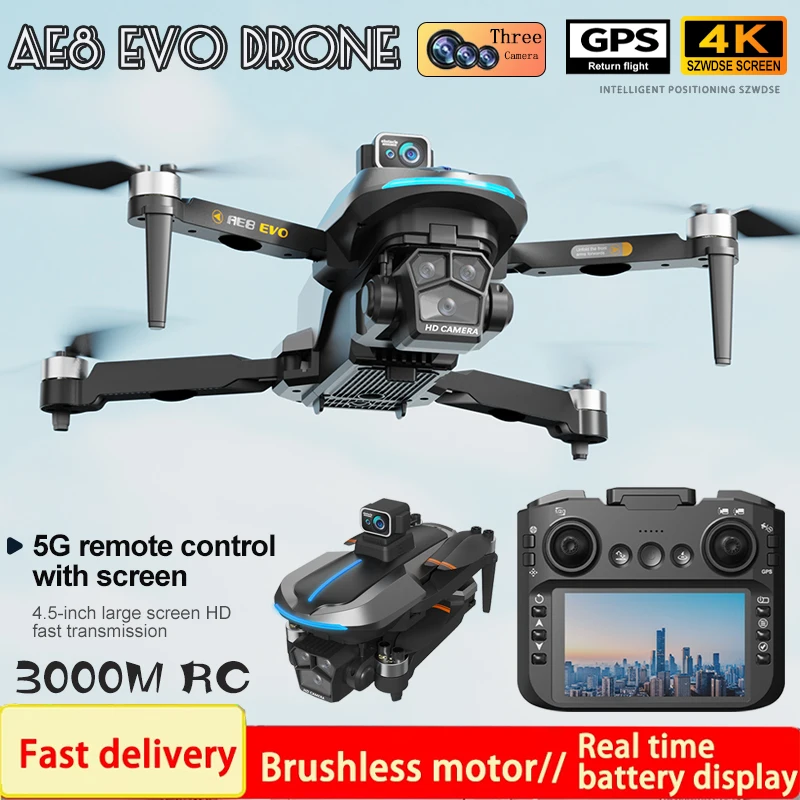 AE8 EVO GPS Drone 4K professionnel HD Triple caméra photographie sans brosse pliable quadrirotor RC Distance 3KM écran Drones jouets
