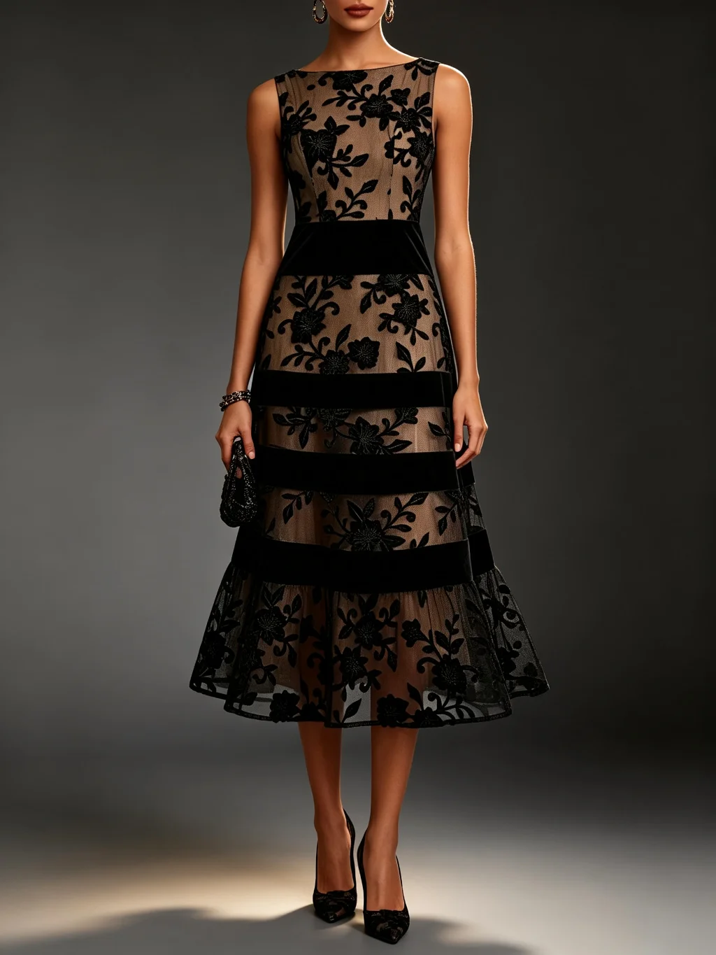 Sheer Mesh Evening Dress Women Flocking Floral High Waist Sleeveless Fitted Black Party Prom Cocktail Wedding Guest Elegant