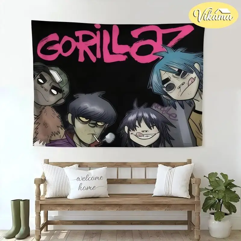 Street Fighter Rock Band Tapestry, Cartoon Character Graffiti-Style Soft Wallcovering, Music Room Background Decor