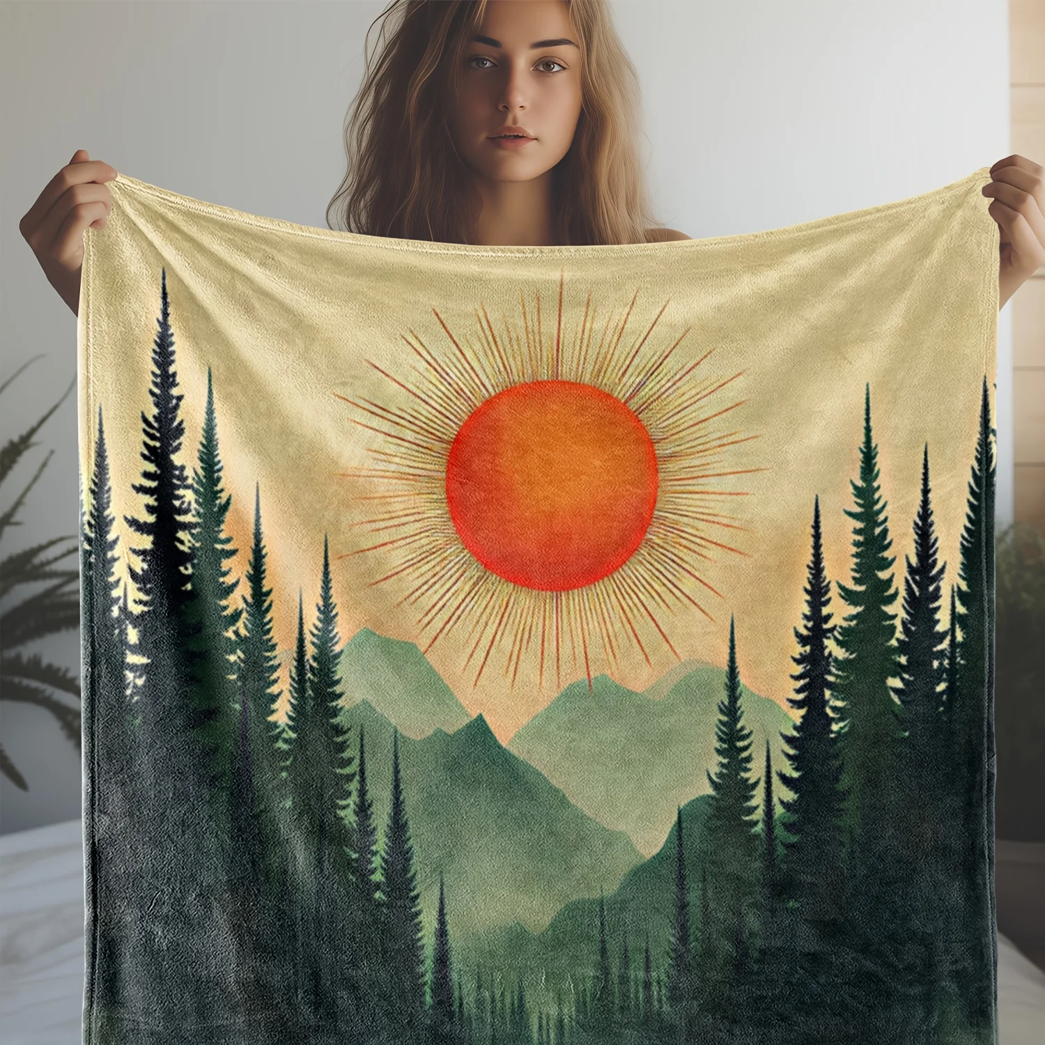 Pine forest and mountain scenery pattern Flannel printed blanket suitable for all seasons for living room office sofa and travel