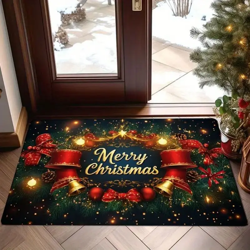 VIKAMA Christmas Flannel Door Mat Golden Bell Bow Pine Branch Bauble Print Non Slip Mat For Front Door Porch Entry Home Decor