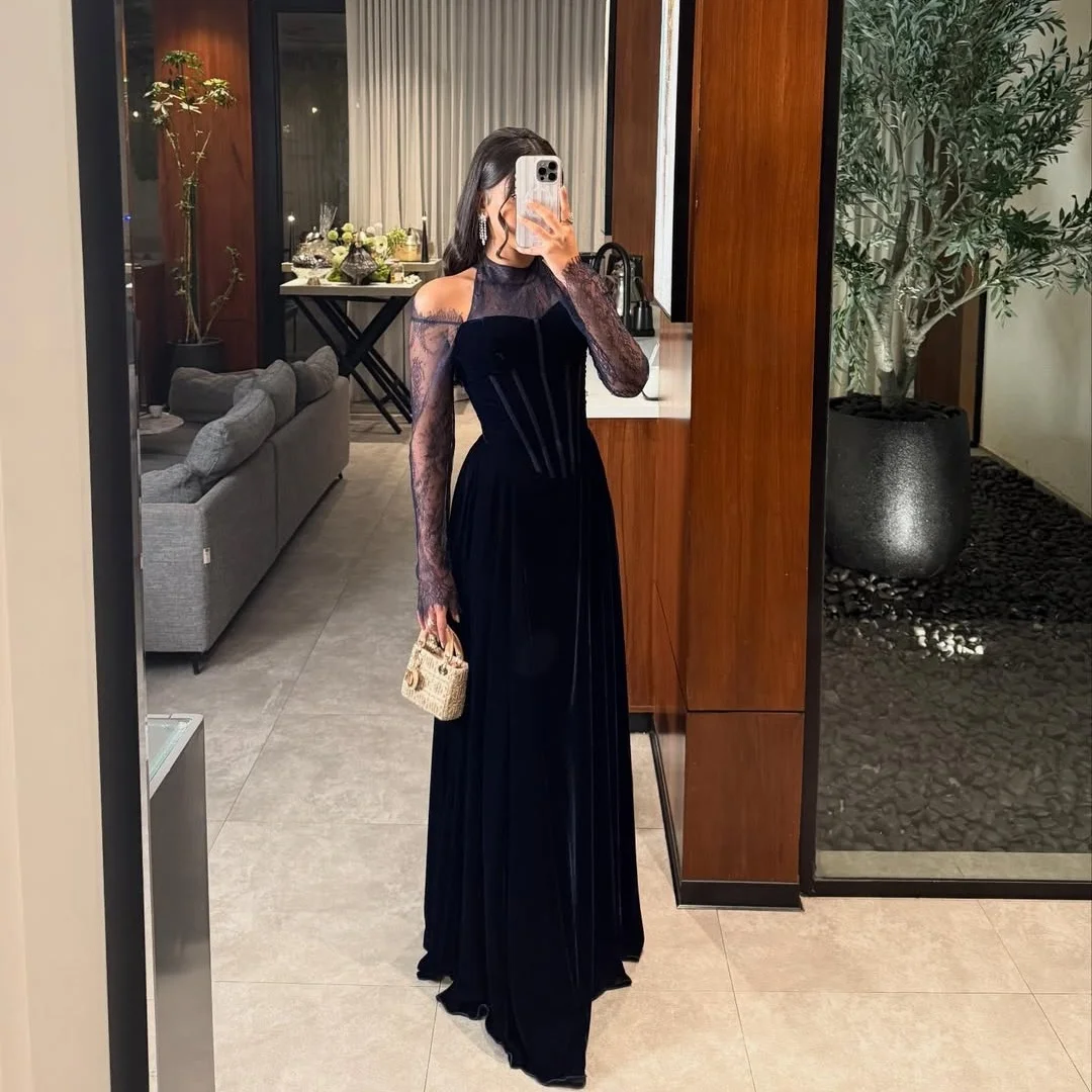New Design O Neck Embroidery Illusion Off The Shoulder Fishbone Slim Draped Velvet Corset A Line Evening Prom Formal Party Dress