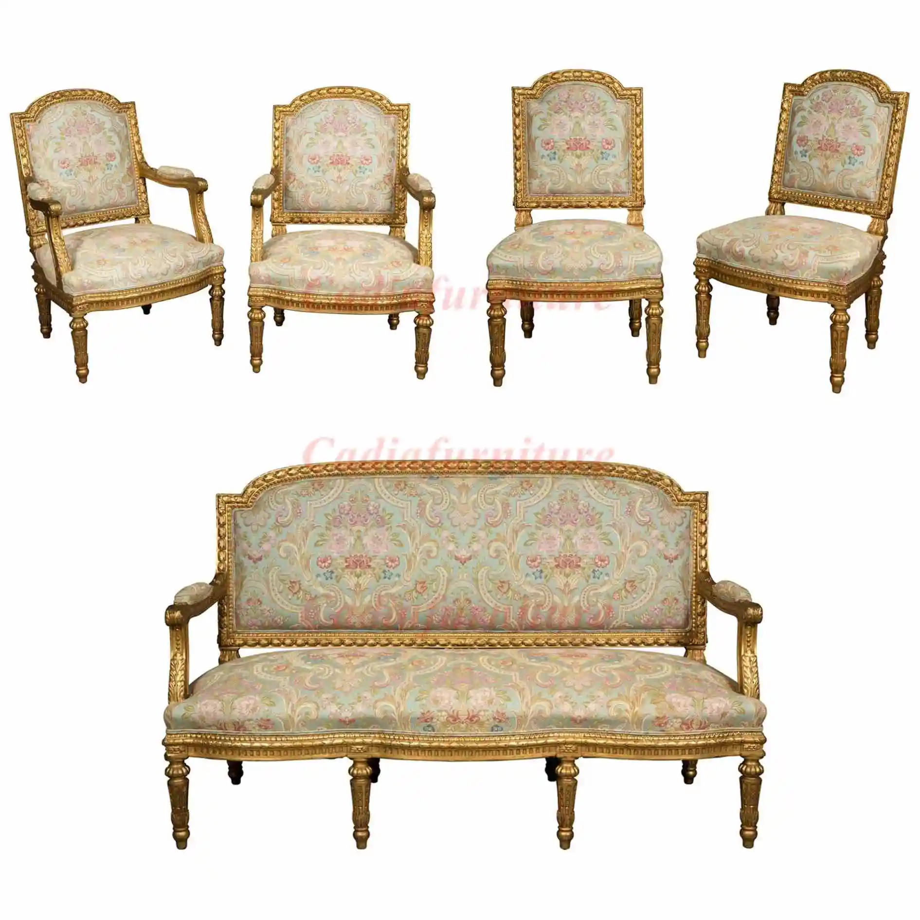 French Luxury Design Living Room Furniture Set 4 Armchairs with Settee Solid Wood with Hand Carved Gold Frame Chairs