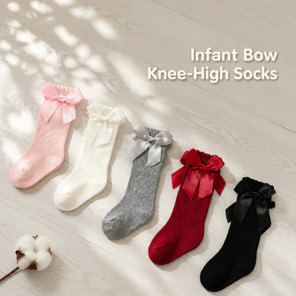 Baby Girl Knee‑High Socks, Satin Big Bow Ruffle Cuff Knit Stockings, Solid Princess Long Socks for Toddler Girls 0‑4Y
