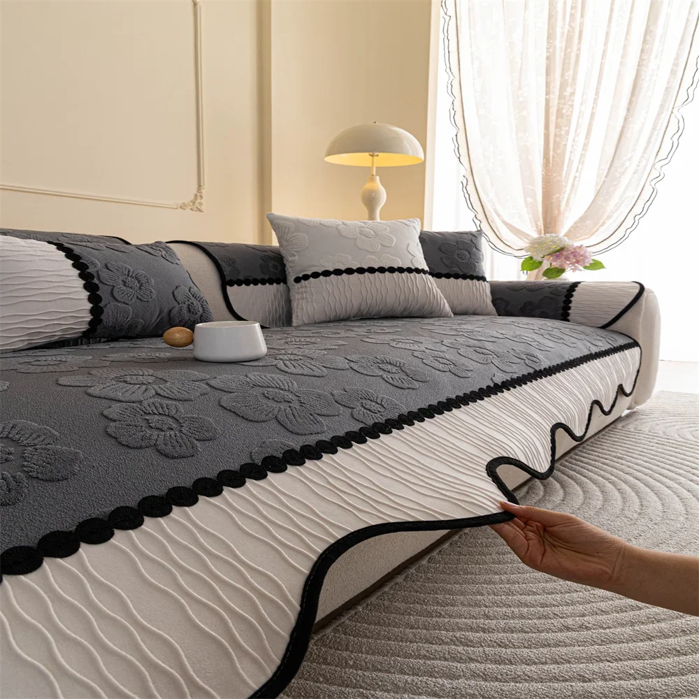 Retro Chenille Sofa Cushion Cover Universal Non-Slip Fixed Straight Row All-Seasons Slipcover for Home Comfort