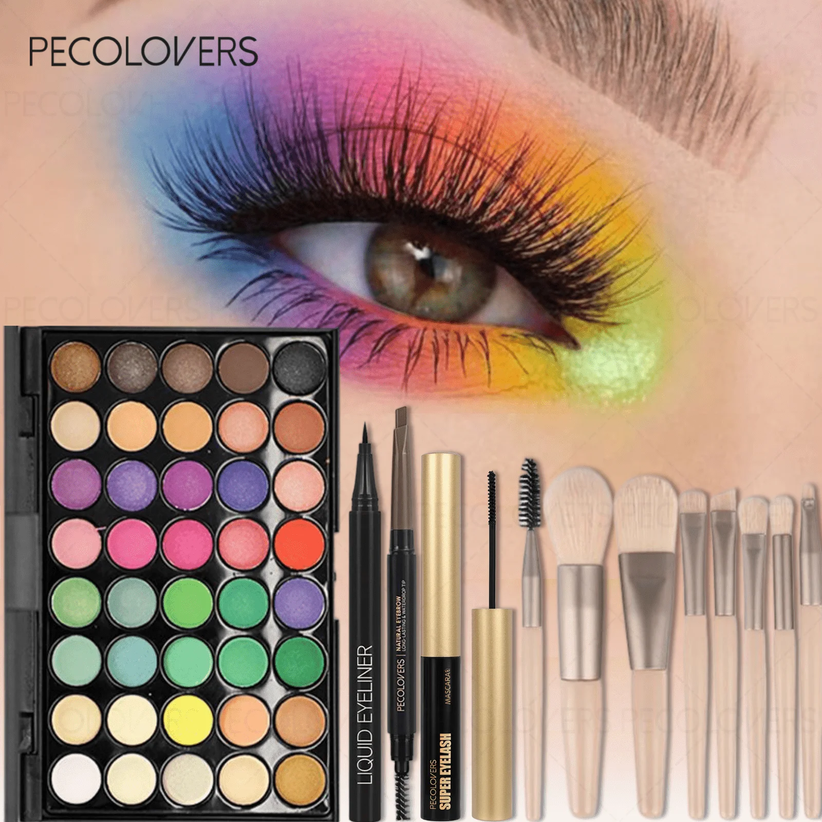 12PCS All-in-One Eye & Brow Makeup Set, 40 Shades Vibrant Color Eyeshadow Palette, Natural 3D Eyebrow Pencil, Quick-Dry Liquid Eyeliner, Volumizing Curling Mascara with Makeup Brushes, Waterproof Sweat-proof, Blendable Matte Shimmer Eyeshadow Kit