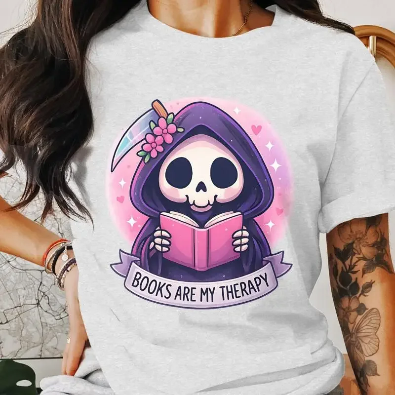 Cute Grim Reaper Reading Books Are My Therapy Digital Download White T Shirt