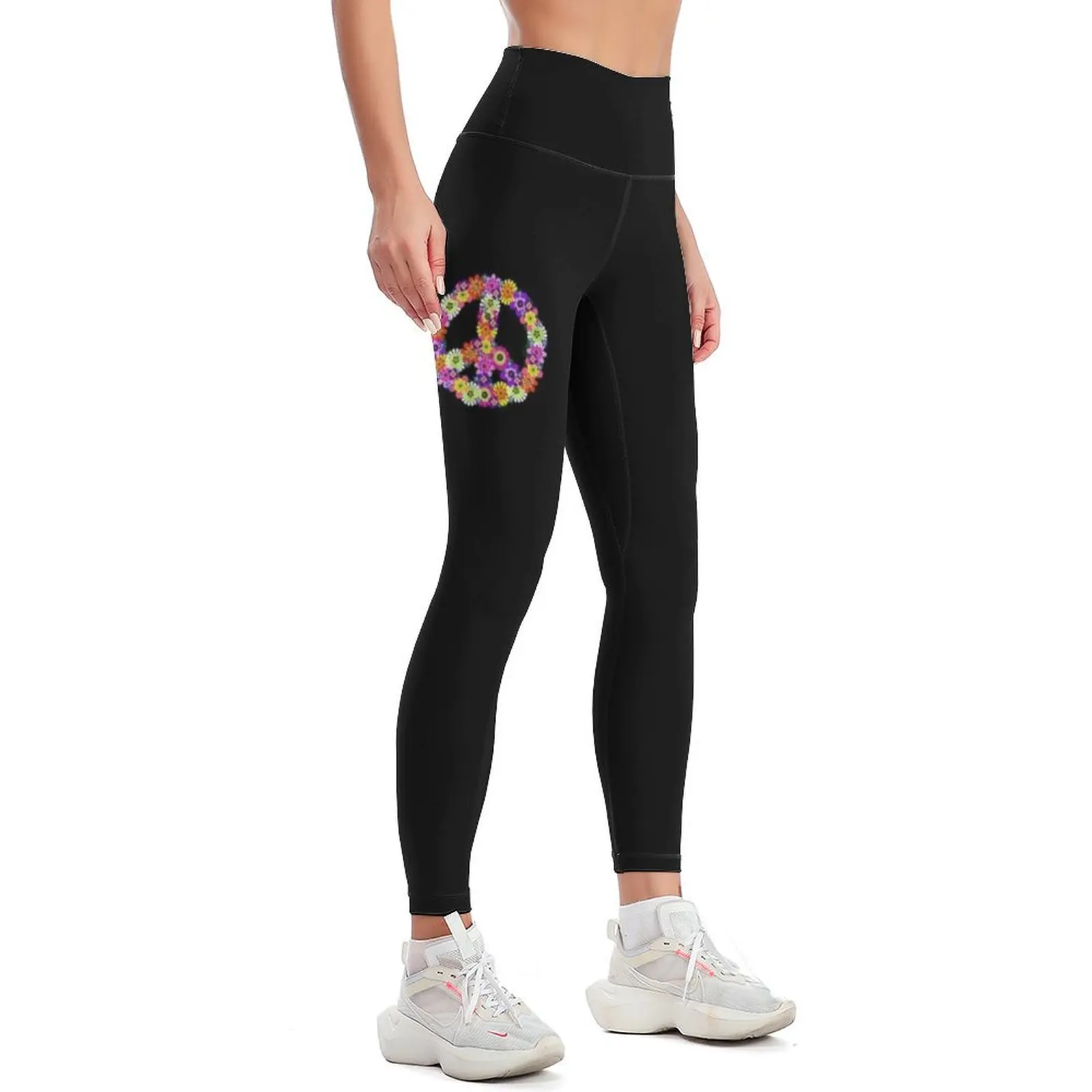 Peace Sign Floral on Black Leggings Legging sport sport set Fitness woman trousers Womens Leggings