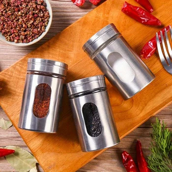 1pc Kitchenware Stainless Steel Seasoning Jar Glass Sprinkler Barbecue Seasoning Jar…