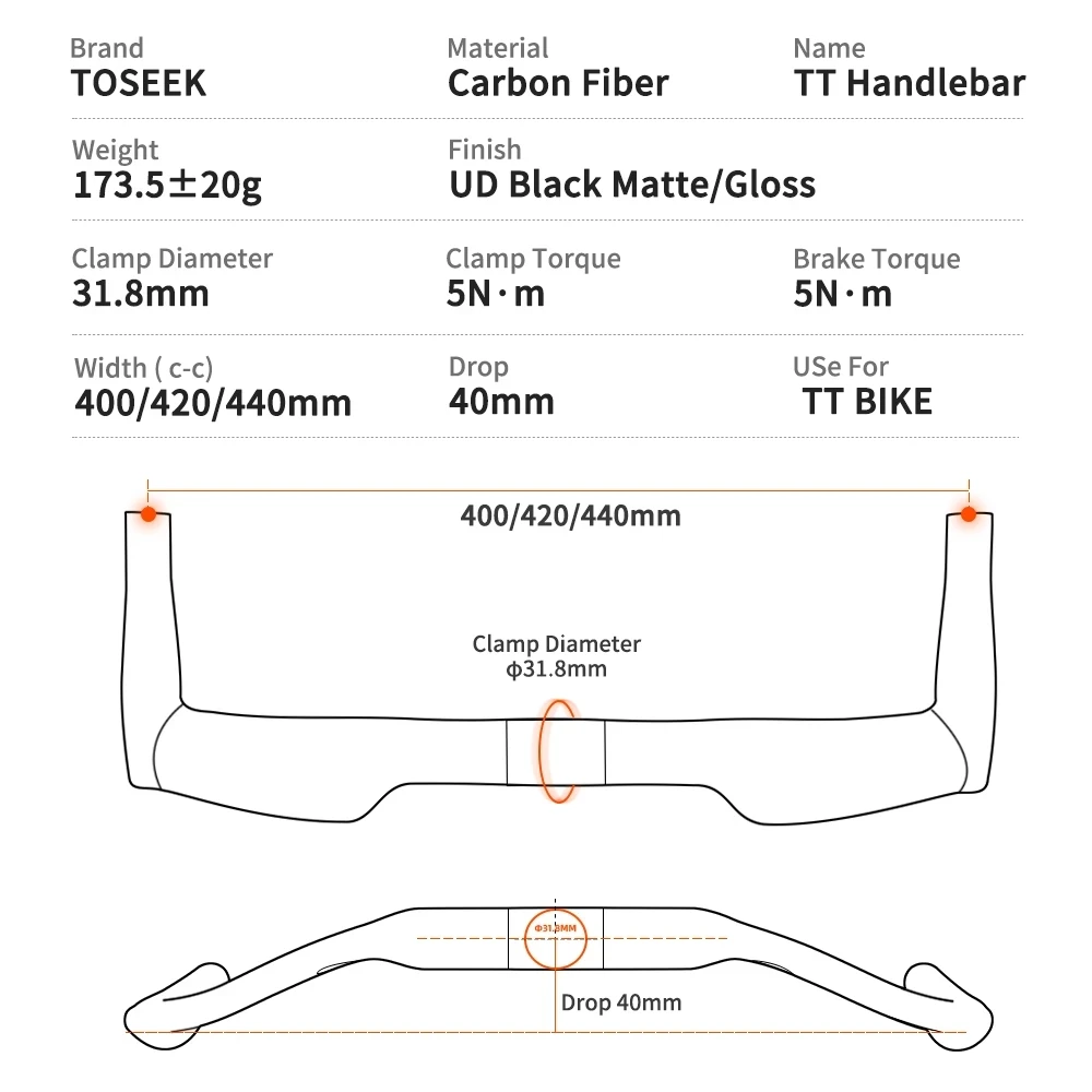 TOSEEK UD Carbon Fiber Bike TT Handlebar 31.8mm Bicycle TT Handle bar 400/420/440mm for MTB Road Racing Cycling