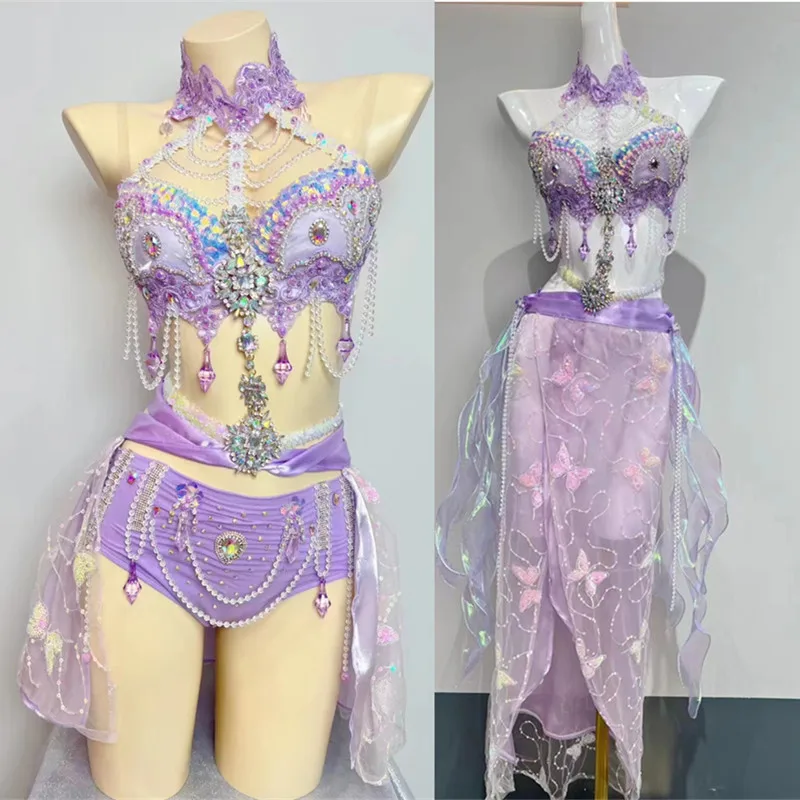 Luxury Stage Performance Purple Rhinestones Sequins Bikini Rave Outfit DJ Singer Nightclub Electric Music Festival Clothing