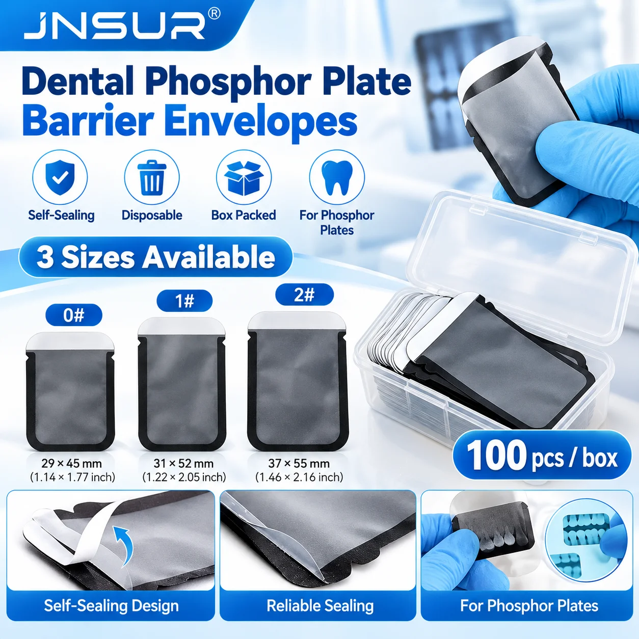 JNSUR 100Pcs Dental PSP Phosphor Plate Barrier Envelopes Self Sealing Protective Sleeves Size 0 1 2 Dental X Ray Imaging Plate C