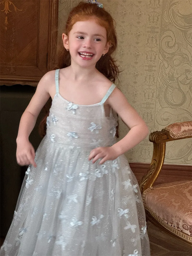 

2025 Spring/Summer Girls' Sleeveless Mesh Dress Girls' Bright Diamond Bow Princess Skirt Children's Clothing