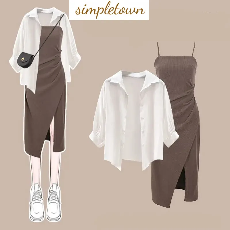 Summer Sunscreen Chiffon Shirt with Split Sling and Pleated Dress Two Piece Elegant Women\'s Dress Set Casual Outfits