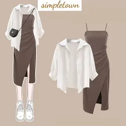 Summer Sunscreen Chiffon Shirt with Split Sling and Pleated Dress Two Piece Elegant Women's Dress Set Casual Outfits